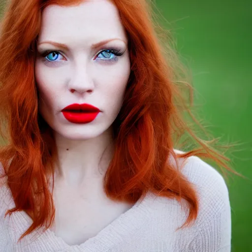 Prompt: close up portrait photo of the left side of the face of a redhead woman with blue eyes and big black round pupils and red lips who looks directly at the camera. Slightly open mouth, face covers half of the frame, with a park visible in the background. 135mm nikon. Intricate. Very detailed 8k. Sharp. Cinematic post-processing. Award winning photography