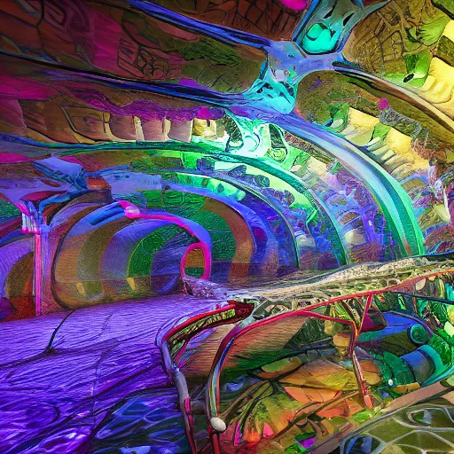 Image similar to underground cinema, realistic architecture, colorfull lights, octane render, 4k, 8k, fractals, psychedelic