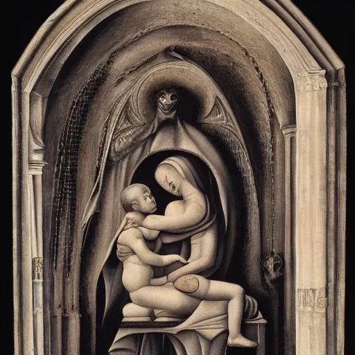 Image similar to h. r. giger's the madonna and child