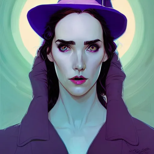 Prompt: in the style of Joshua Middleton comic art, beautiful witch spooky female, Jennifer Connelly, blue and purple glowing hair, perfect eyes perfect symmetrical eyes, symmetrical face, dark forest background, painterly style, masterpiece, stunning, artstation