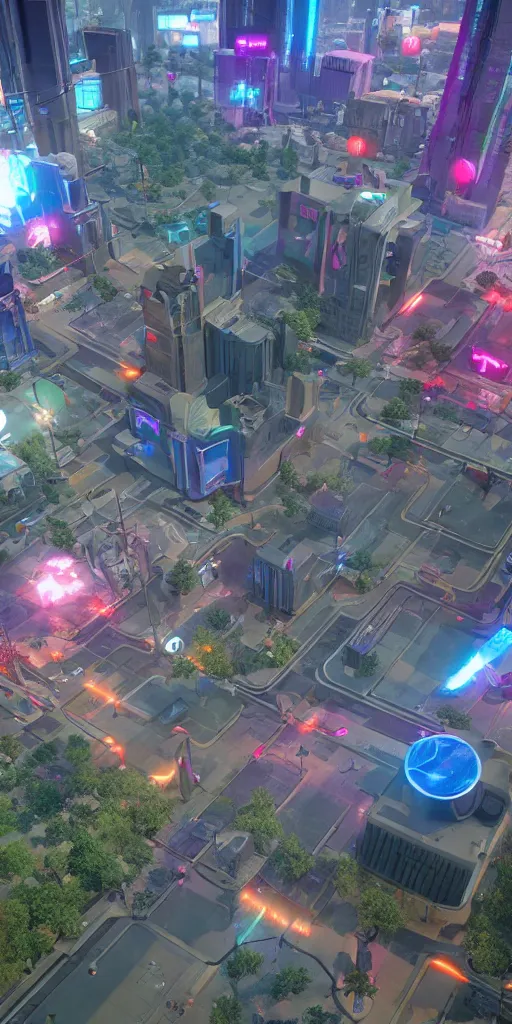 Image similar to park in the middle of a cyberpunk city drawn by jack kirby, 8 k, raytracing, unreal engine 5,