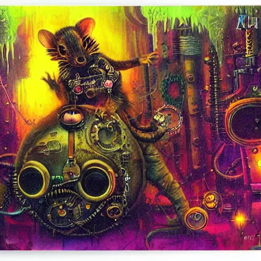 Image similar to steampunk rat, acid, 303, psychedelic, by paul lehr