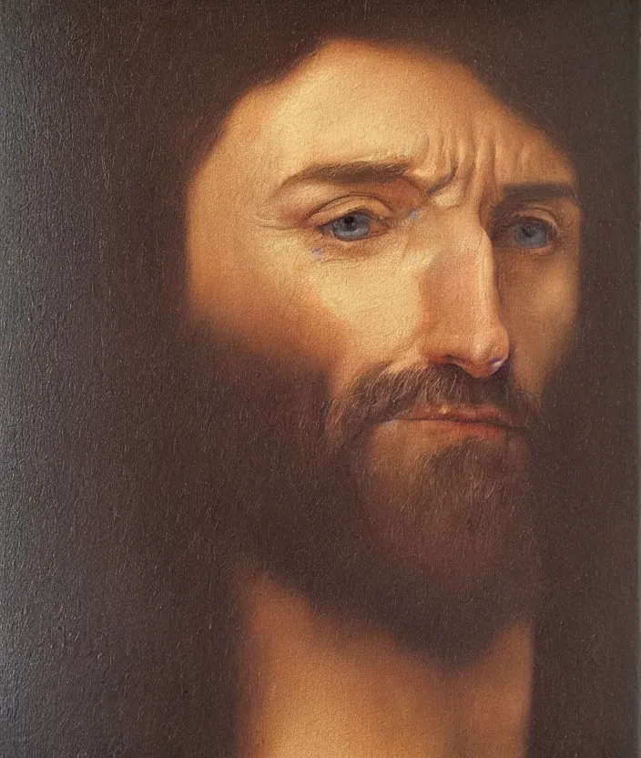 Image similar to oil painting half-lenght portrait of Hugh Jackman by Leonardo da Vinci