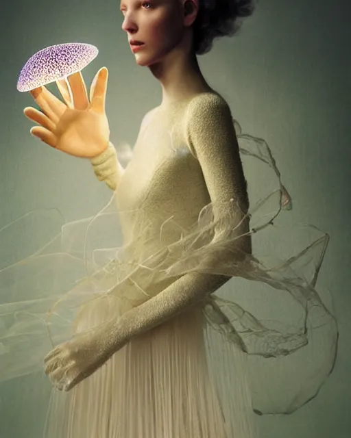 Image similar to a luminous jelly fish armor. soft. fragile. by ray caesar. by louise dahl - wolfe. by andrea kowch. by anna claren. surreal photography