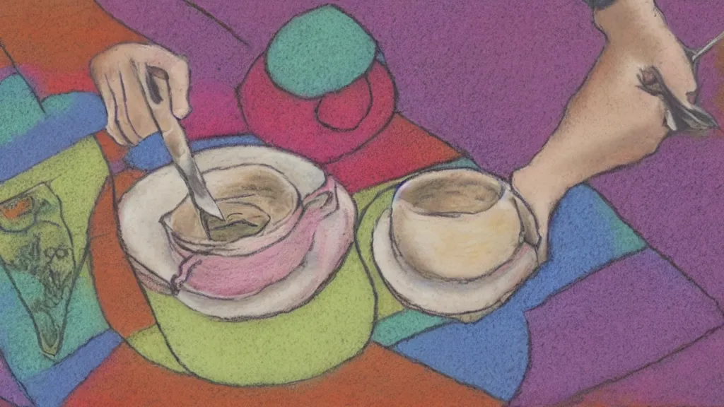 Prompt: cutting a teabag, pastel art, in a symbolic and meaningful style