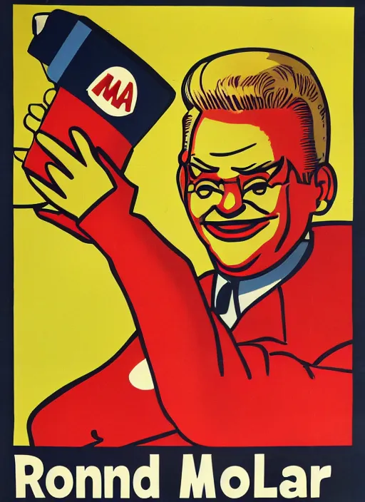 Image similar to cold war civil defense poster, for ronald mcdonald holding a tray of burgers,