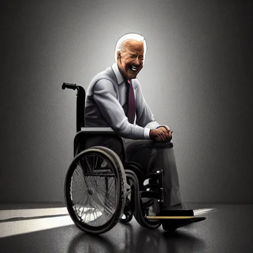 Image similar to hyperrealistic mixed media image of joe biden in a wheelchair wearing a bicycle helmet, stunning 3 d render inspired art by istvan sandorfi and greg rutkowski, perfect facial symmetry, realistic, highly detailed attributes and atmosphere, dim volumetric cinematic lighting, 8 k octane extremely hyper - detailed render, post - processing, masterpiece,