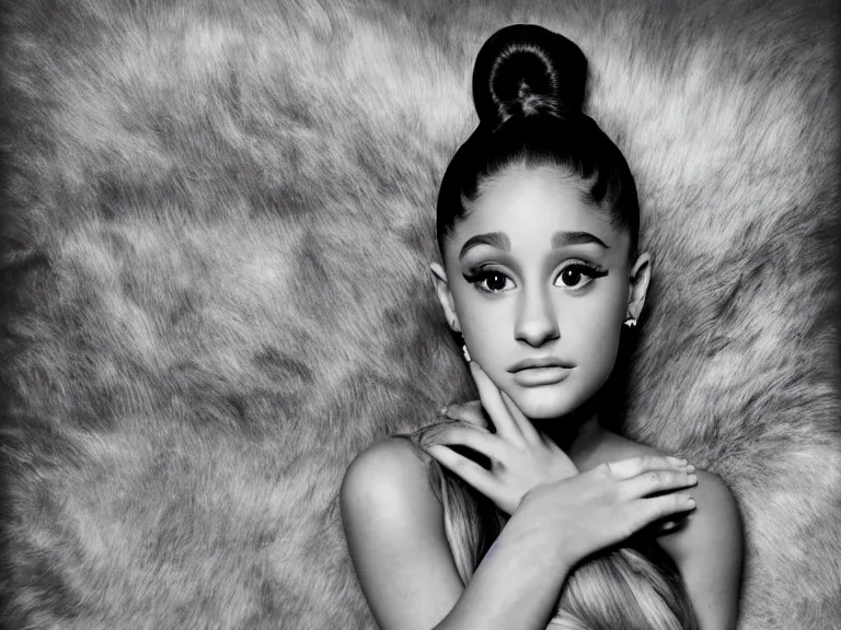 Image similar to award winning photo of Ariana Grande on a chesterfield lounge, symmetrical face, beautiful eyes, studio lighting, wide shot art by Sally Mann & Arnold Newman