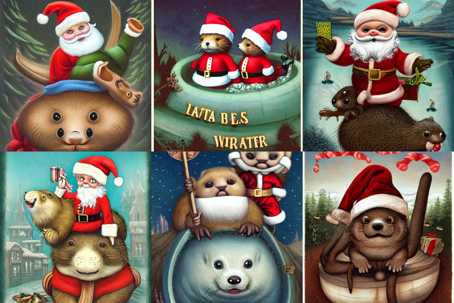 Prompt: Two Santa's little helpers riding on the back of a beaver in the sewers, illustrator by Mark ryden