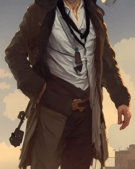 Prompt: portrait, cute young man, long auburn hair, post - apocalyptic, waistcoat, black greatcoat, scarf, very detailed, dusk, character illustration, cloudy sky, soft lighting, octane render, greg rutkowski, alphonse mucha, sung choi, 8 k, vibrant