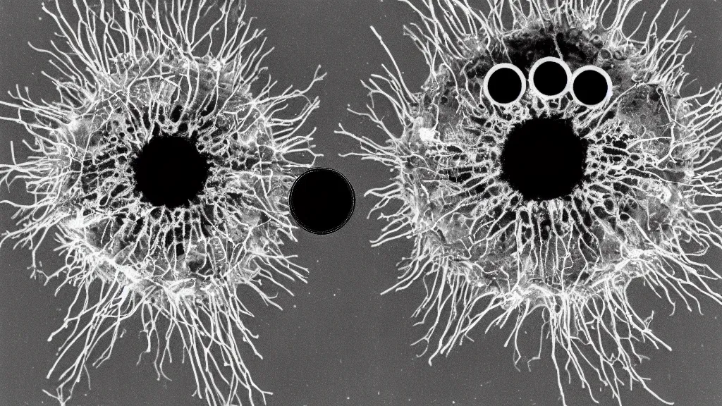 Prompt: a beautiful microscopic scientific photo of a coronavirus and a smiley face seen through the electron microscope, dark, sinister, detailed, by philip henry gosse and ernst haeckel