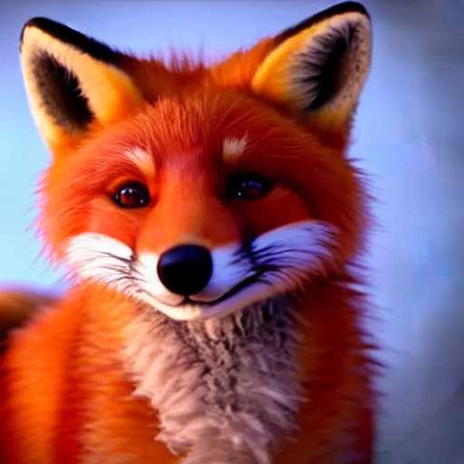 Image similar to portrait of the cutest red fox ever, fluffy, photorealistic, soft lighting, unreal engine