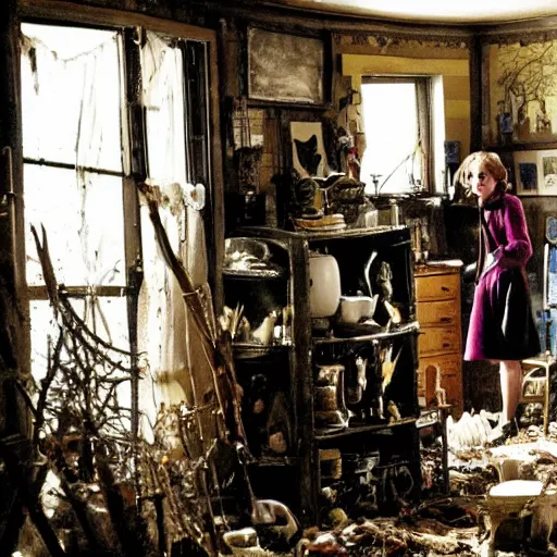 Image similar to a woman with adhd - ip stands in her messy house. folk horror. detailed.