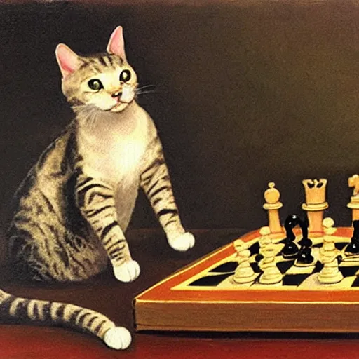 Image similar to cat playing chess looking wise, rococo oil painting