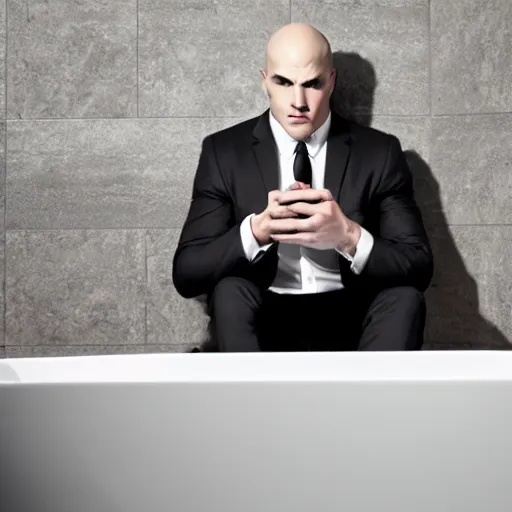 Prompt: photo of hitman agent 4 7 sitting in bathtub