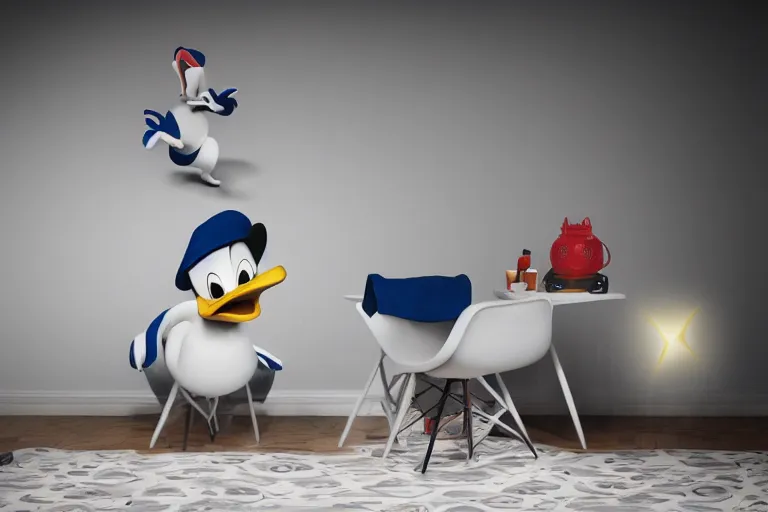 Image similar to donald duck hide incorner of dark room, smiling, dark, flash light, dream core, horror