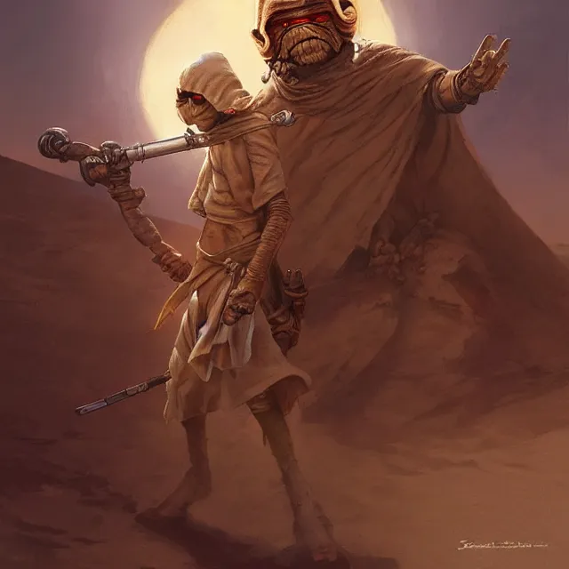 Prompt: sandpeople tusken raider by stanley artgerm lau, wlop, rossdraws, frank frazetta, andrei riabovitchev, marc simonetti