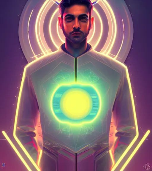 Prompt: symmetry!! arab prince of technology, solid cube of light, hard edges, product render retro - futuristic poster scifi, lasers and neon circuits, handsome arab prince, intricate, elegant, highly detailed, digital painting, artstation, concept art, smooth, sharp focus, illustration, dreamlike, art by artgerm