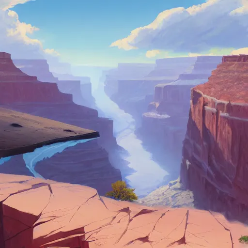 Image similar to concept art painting of a grand canyon with ocean inside, giant river, with unfinished bridge under construction, realistic, detailed, cel shaded, in the style of makoto shinkai and greg rutkowski and james gurney