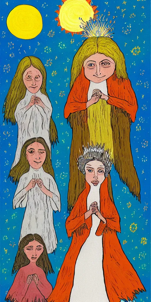 Prompt: small impish joyful creature in white robe with glowing eyes and sun ray flame hair holding lit matches and singing, three sisters visiting, The Queen in the Cave Children's book illustration, traditional folk art style, gouache on paper, outsider art, David Palladini, Mu Pan, Carson Ellis, Julia Sarda