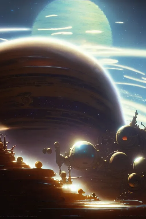 Image similar to steampunk spaceship infront of a planet, exquisite details, denoised, mid view, by karl kopinski, artsation, greg rutkowski, makoto shinkai, takashi takeuchi, studio ghibli