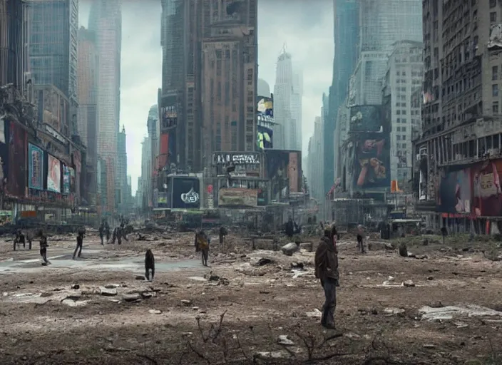 Image similar to film still of post apocalyptic empty time square, overgrown with wildlife walking through in the new sci - fi movie, 8 k