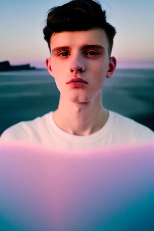 Prompt: high quality pastel coloured film mid angle selfie photograph of a beautiful young 2 0 year old male, soft features, short black hair, resting in an icelandic black rock environment. atmospheric. three point light. photographic. art directed. ( pastel colours ). volumetric light. clearcoat. waves glitch. 8 k. filmic.