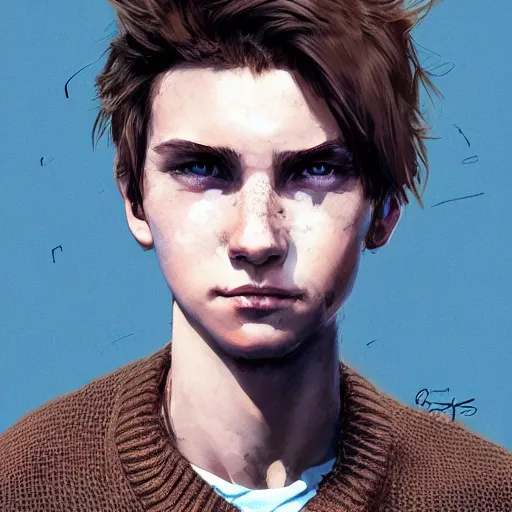 Image similar to portrait of a very masculine teenage girl with blue eyes and brown hair, short men's haircut, smiling, wearing an oversized sweater, dramatic lighting, illustration by Greg rutkowski, yoji shinkawa, 4k, digital art, concept art, trending on artstation