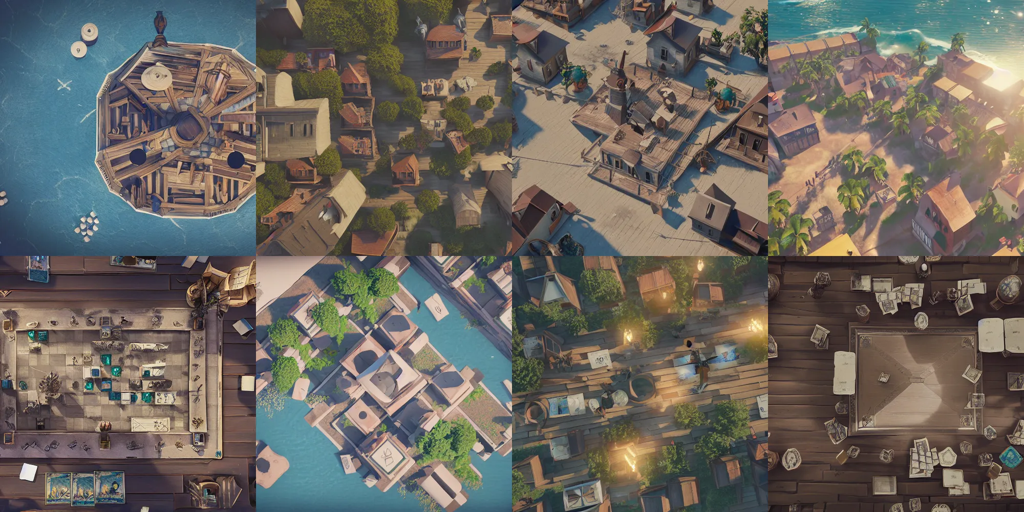 Prompt: birds eye overhead perspective, 1800s french town in the style of Sea of Thieves in center of screen surrounded by white, board game on table, octane render, unreal engine