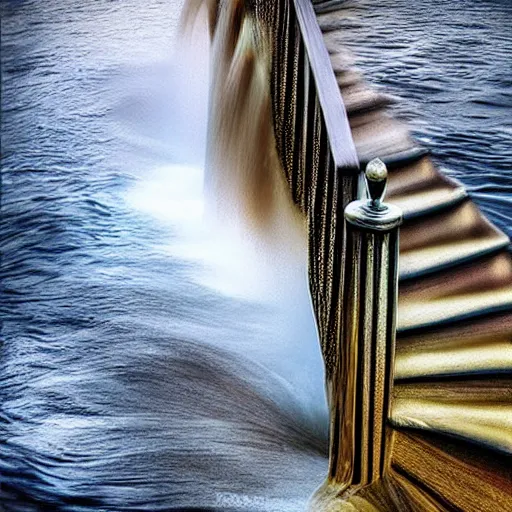 Image similar to a stairway of flowing water, hyperrealistic, 8 k, highly detailed, a real photographic, digital art, realistic