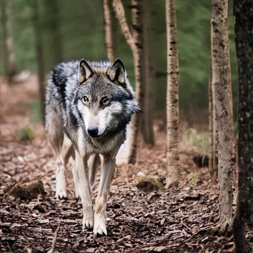 Prompt: A wolf roaming in the forest, EOS-1D, f/1.4, ISO 200, 1/160s, 8K, RAW, unedited, symmetrical balance, in-frame