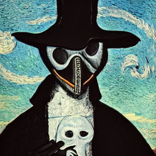 Prompt: a plague doctor in a field holding a vial of black liquid, midnight, 4k, Van Gough