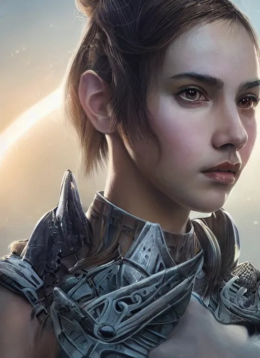 Image similar to a professional portrait of a beautiful young female, clothed in ethereal battle armor, olive skin, long dark hair, beautiful bone structure, symmetrical facial features, intricate, elegant, digital painting, concept art, smooth, sharp focus, finely detailed, illustration, from Valerian and the City of a Thousand Planets, in the style of Doug Chiang