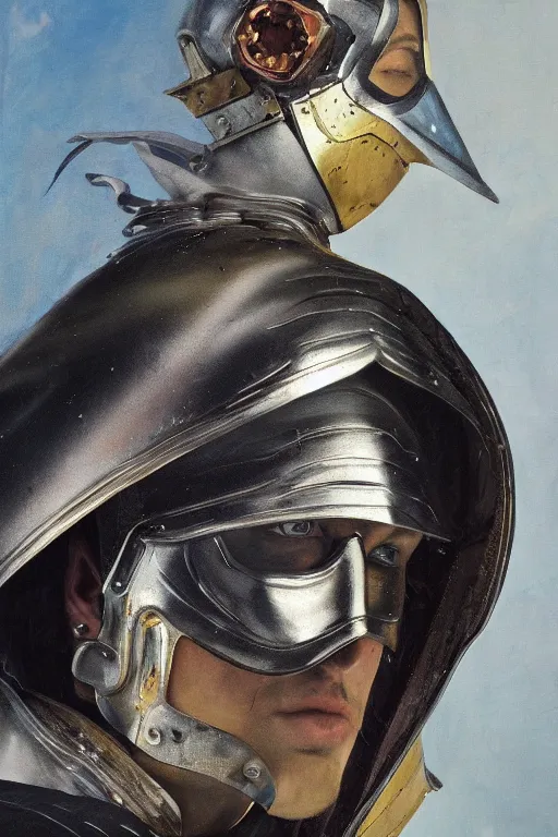 Prompt: hyperrealism oil painting, close - up portrait of caucasian medieval fashion model, knight, steel gradient mixed with nebula sky, in style of baroque mixed with 7 0 s japan book art