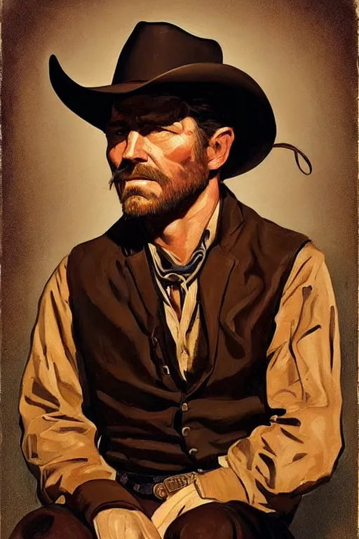 Prompt: cowboy arthur morgan, old west painting by jc leyendecker!! phil hale!, angular, brush strokes, painterly, vintage, crisp