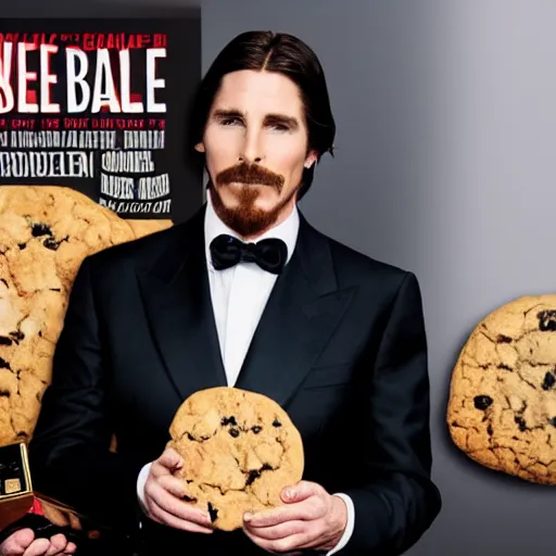 Prompt: Christian Bale wearing a suit whilst holding a cookie, film poster, 4k, award winning