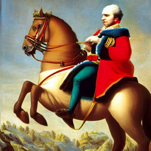 Prompt: napoleon bonaparte on a horse with santa claus eating candy and holding a smartphone while waiting on the bus at a bus stop, modern art, 8 k,