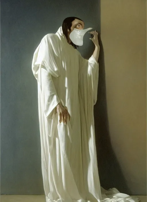 Image similar to an oil painting of a tall person in flowing white robes wearing a white venetian carnival mask standing in a gloomy dark room with hazy sunlight streaming through the window, in the style of john singer sargent, greg rutkowski, maxfield parrish and alphonse mucha