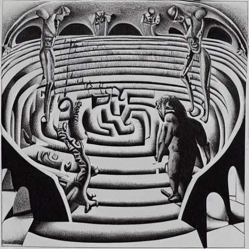 Image similar to andrew lloyd webber apprehensively enters the labyrinth of the minotaur, mc escher