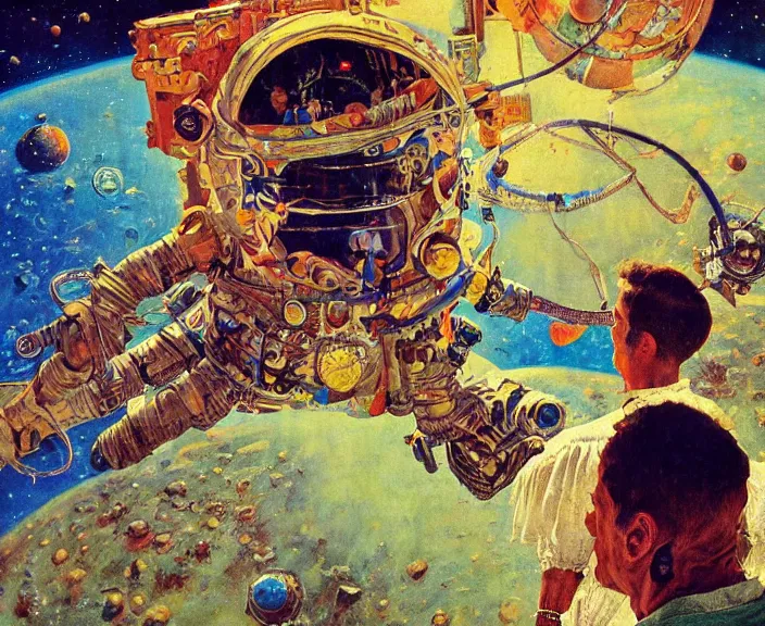 Prompt: don juan's psychedelic trip in outer space, unstable reality, wide angle, extremely high details quality, norman rockwell, viktor safonkin, bruce pennington, larry elmore, intricate, hyperrealistic oil painting on canvas, deep depth field, hd, hdr, 4 k, 8 k