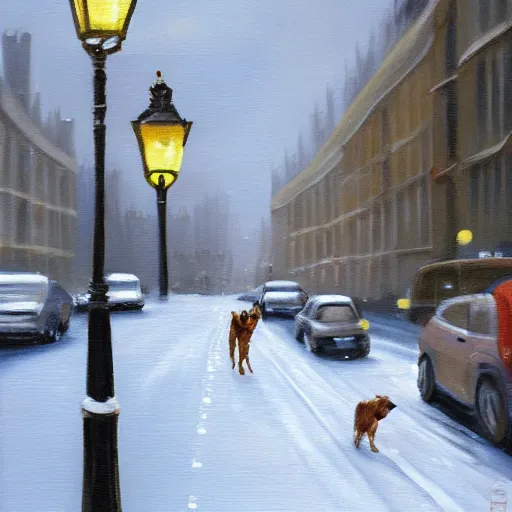 Image similar to painting of a snowy london street scene, and a dog with its tongue stuck to a lamp post