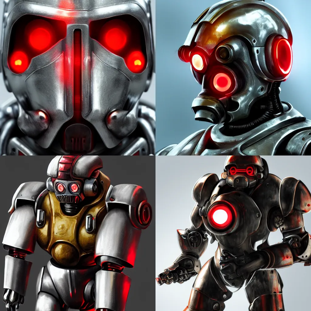 Prompt: chrome fallout power armor, glowing red eyes, headshot photo, concept art, Feng Zhu concept art, 4K, UHD, High quality, Trending on Artstation HQ