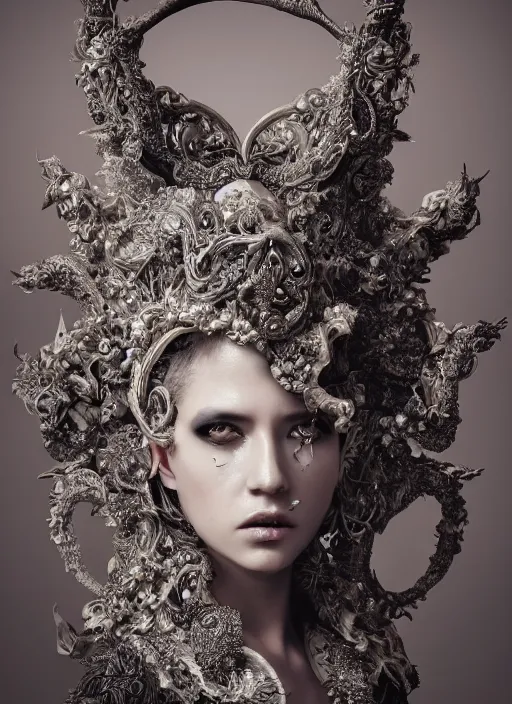 Prompt: a portrait of female by stefan geselle and nekro borja, photorealistic, intricate details, hyper realistic, fantasy, elegant, baroque, horn, ram skull headpiece, photorealistic, photography, symmetrical features, symmetrical pose, wide angle shot, feet on the ground, wearable art, unreal engine, cinematic lighting