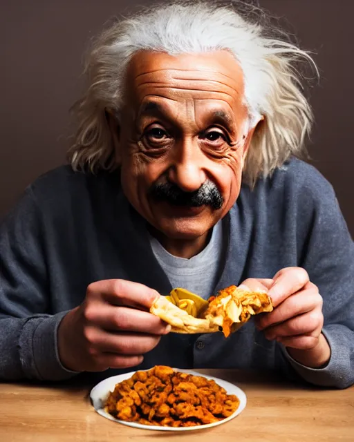 Image similar to A photo of Albert Einstein eating Samosa, highly detailed, trending on artstation, bokeh, 90mm, f/1.4