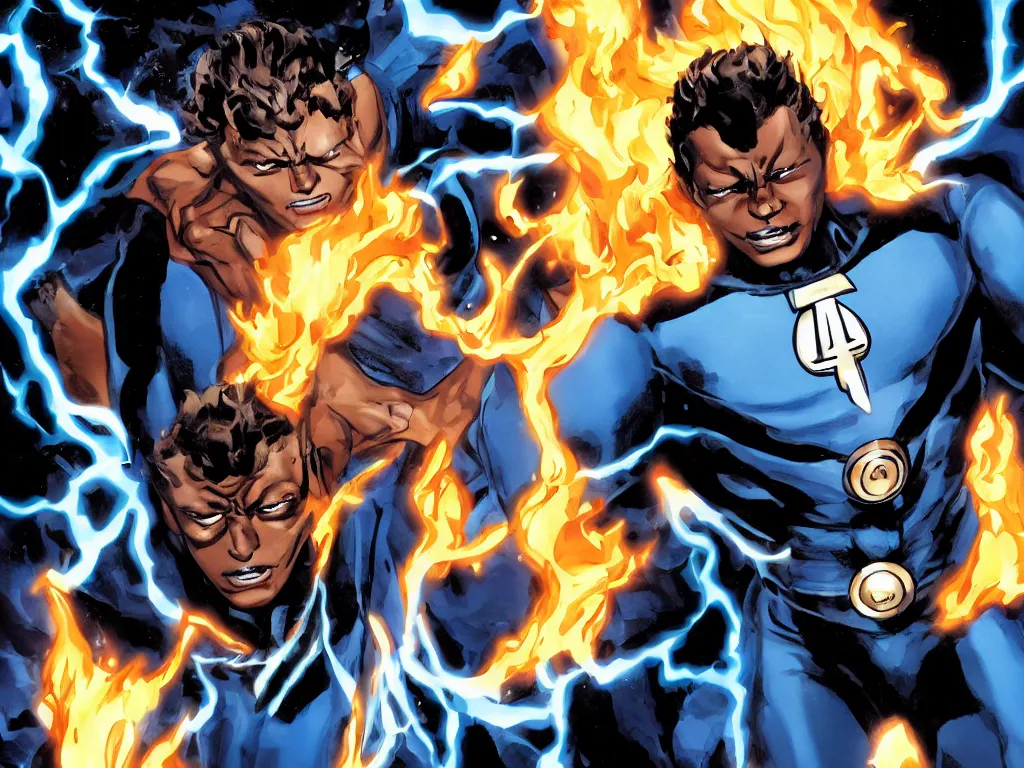 Prompt: dark skinned Johnny Storm young male superhero of the fantastic four, full body, flaming dreadlock hair, blue uniform with the number 4 on the chest in a round logo, cinematic, high detail, no imperfections, extreme realism, high detail, extremely symmetric facial features, no distortion, clean, also evil villians fighting in the background, by Stan Lee