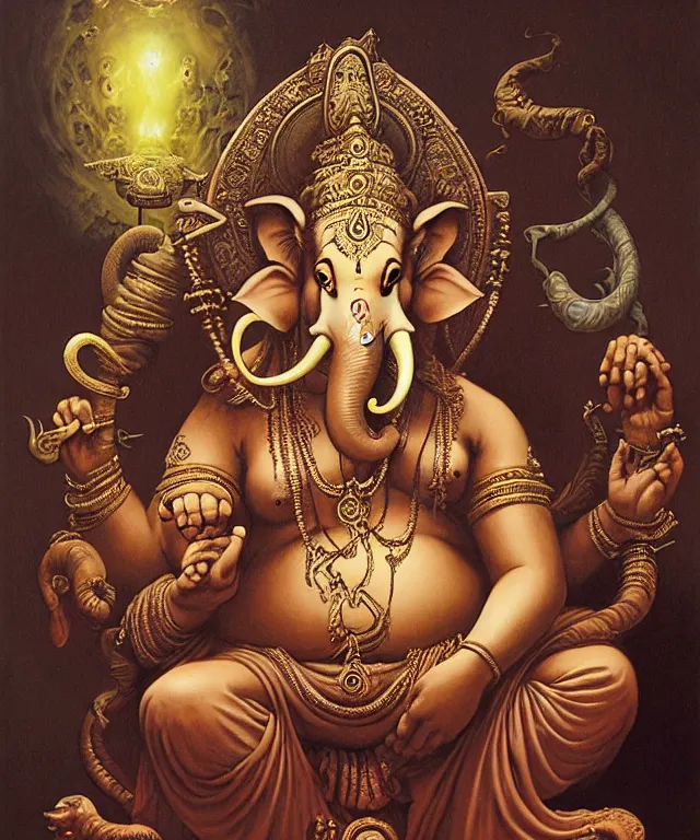 Prompt: ganesha in the style of peter mohrbacher, wayne barlowe, gustav moreau, bussiere, roberto ferri, santiago caruso, luis ricardo falero, austin osman spare,