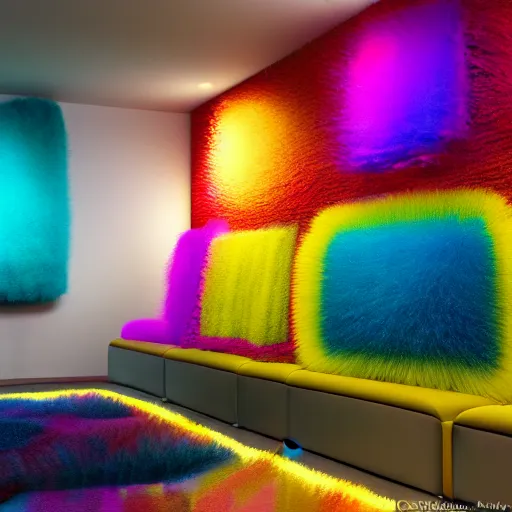 Prompt: : colorful abstract fuzzy sculpture art on the wall in modern architecture studio, cinematic lighting, hyper - realistic, detailed, render by c 4 d octane, unreal engine, 8 k 3 d render