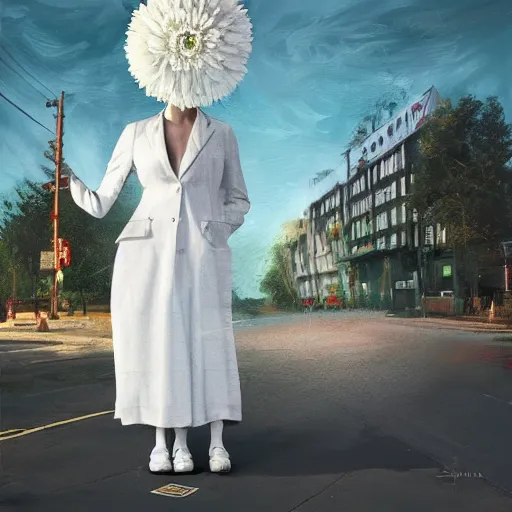 Image similar to giant white daisy flower head, frontal, girl in a suit, standing in street, surreal photography, sunrise, dramatic light, impressionist painting, digital painting, artstation, simon stalenhag