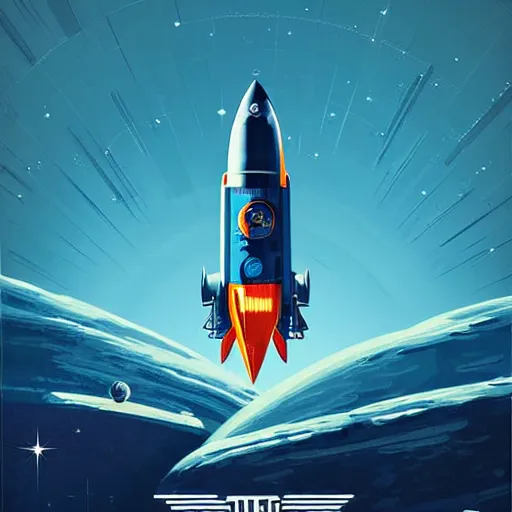 Image similar to Blue V2 rocket in space, tin tin, planet in the style of orange company, intricate, SCI-Fi, movie poster, high detail, digital art by raphael lacoste