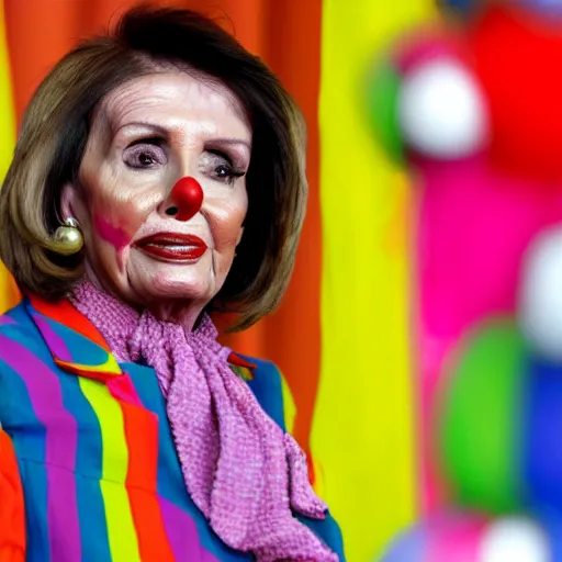 Prompt: Nancy Pelosi with colorful clown makeup all over her face